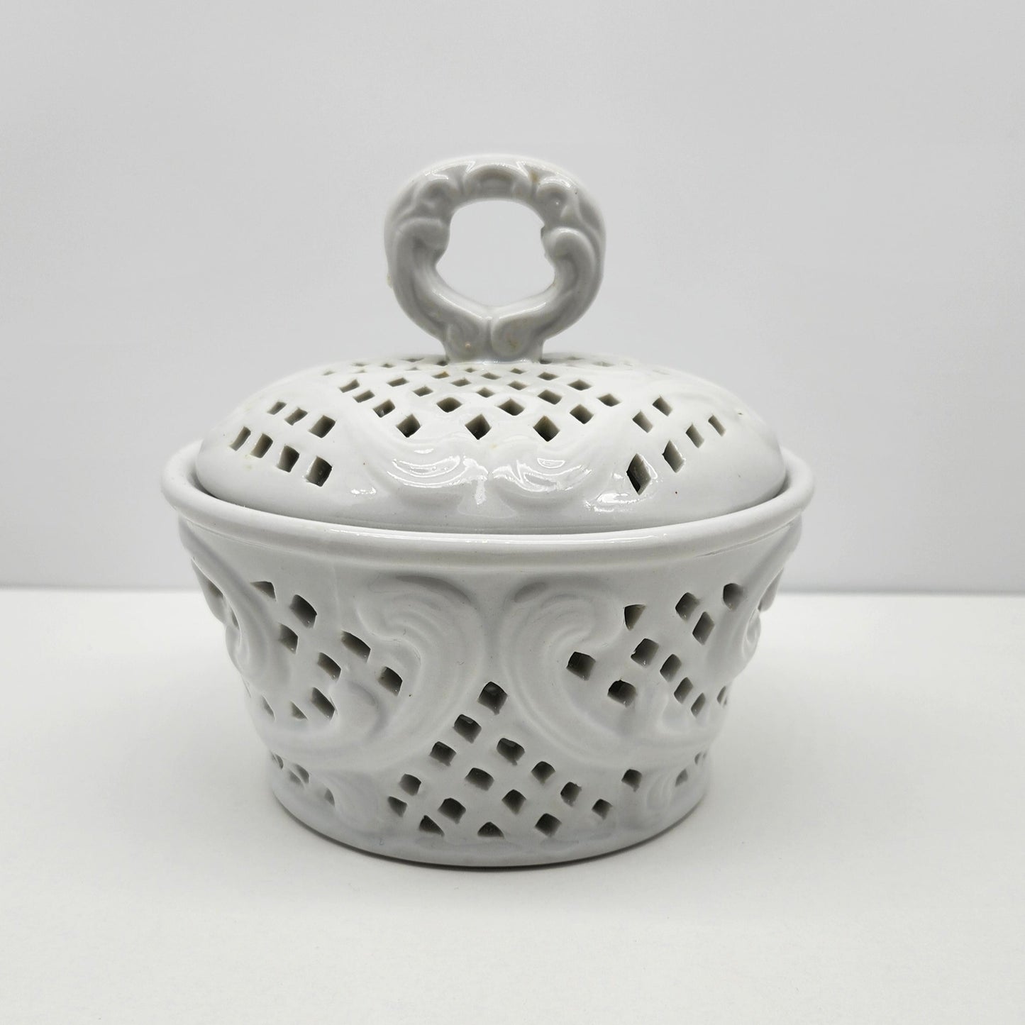 Vintage White Porcelain Treasures - Candy Bowl With Lid - Lattice Pattern