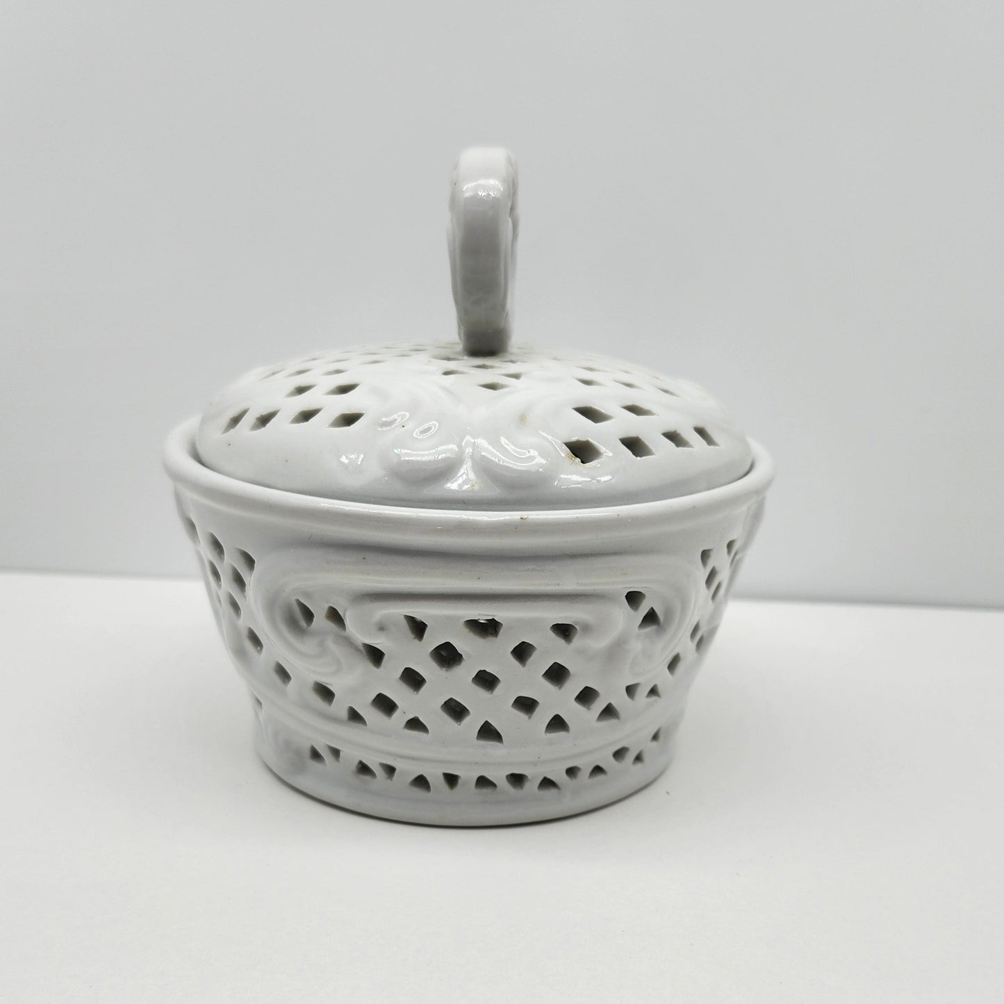 Vintage White Porcelain Treasures - Candy Bowl With Lid - Lattice Pattern