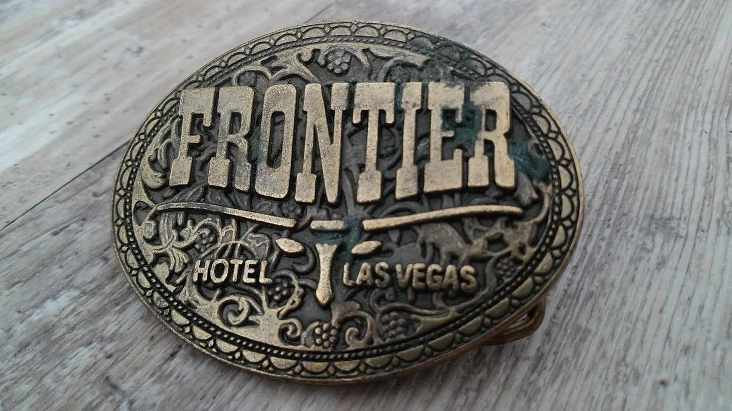 Vintage 1970's - Closed Frontier Casino Hotel Las Vegas Belt Buckle Solid Brass