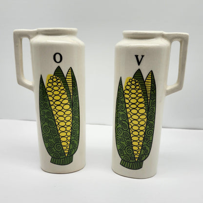 Vintage 1970's Ceramic Oil & Vinegar Cruet Dispenser Bottles - Ear Of Corn Print
