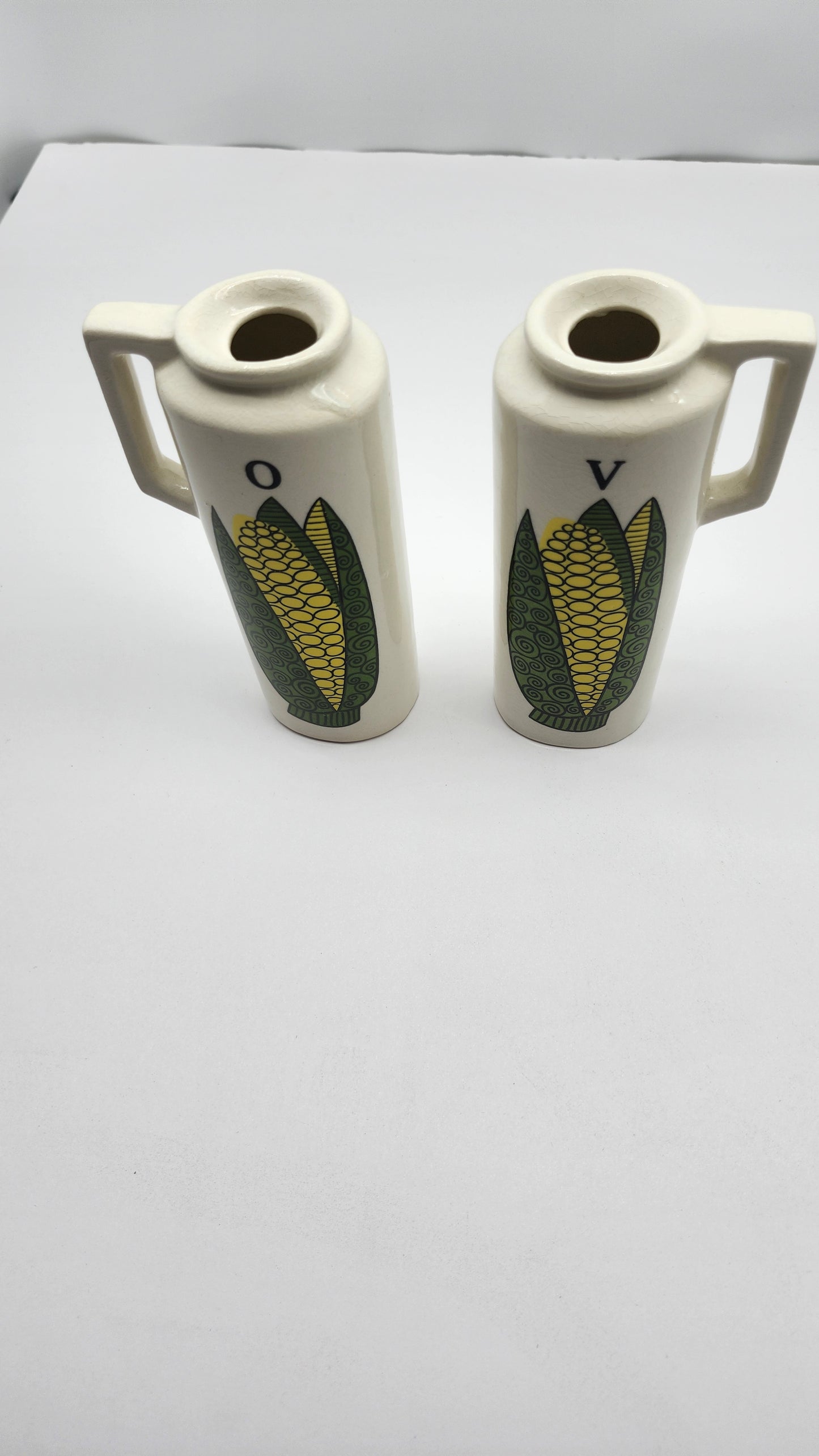 Vintage 1970's Ceramic Oil & Vinegar Cruet Dispenser Bottles - Ear Of Corn Print