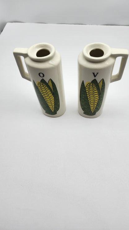 Vintage 1970's Ceramic Oil & Vinegar Cruet Dispenser Bottles - Ear Of Corn Print